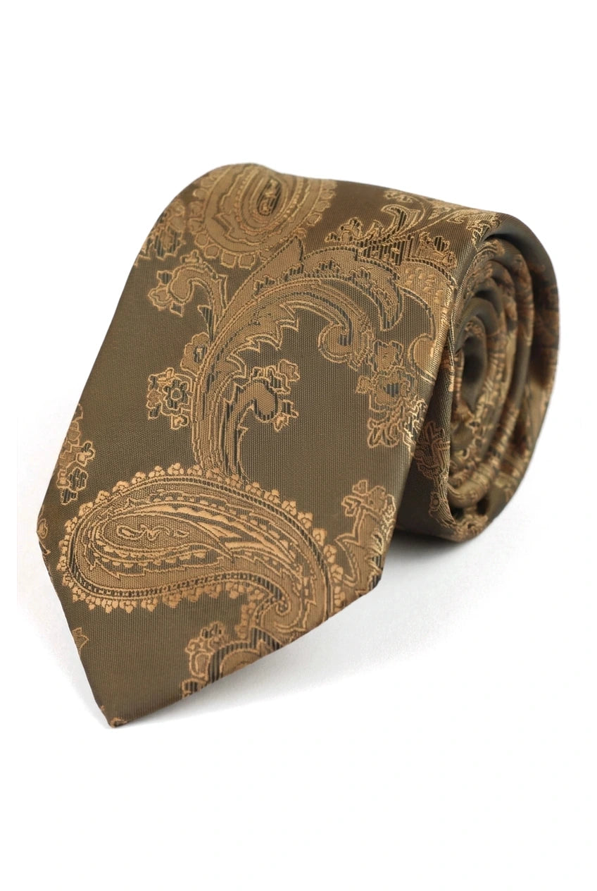 Conjunto de regalo de corbata de bronce con estampado paisley, pañuelo de bolsillo, gemelos y corbata de satén floral.