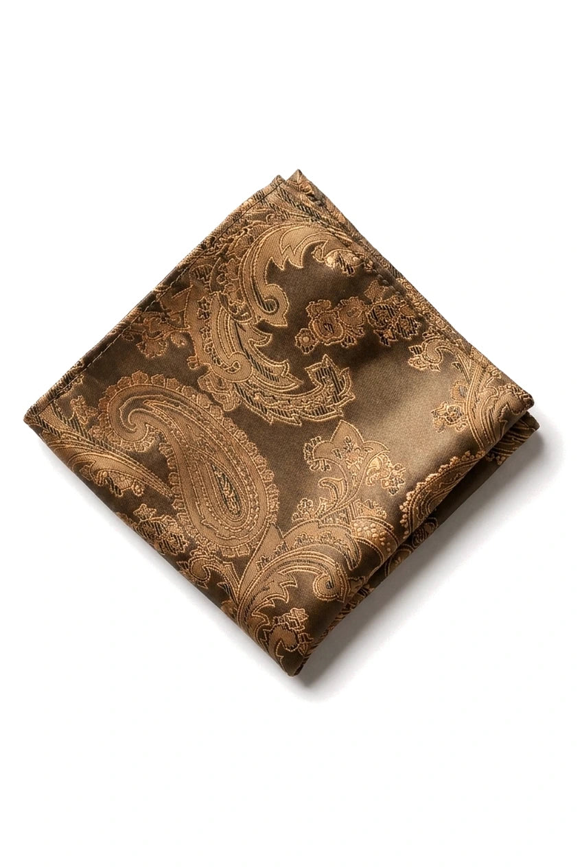 Conjunto de regalo de corbata de bronce con estampado paisley, pañuelo de bolsillo, gemelos y corbata de satén floral.
