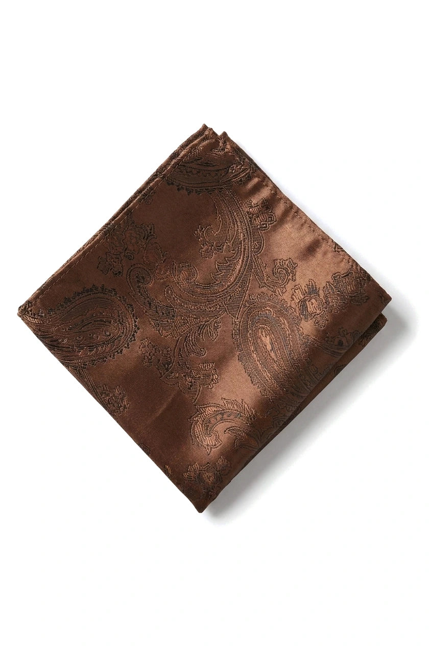 Conjunto de regalo de corbata marrón con cuello estampado paisley, pañuelo de bolsillo, gemelos y corbata de satén floral.