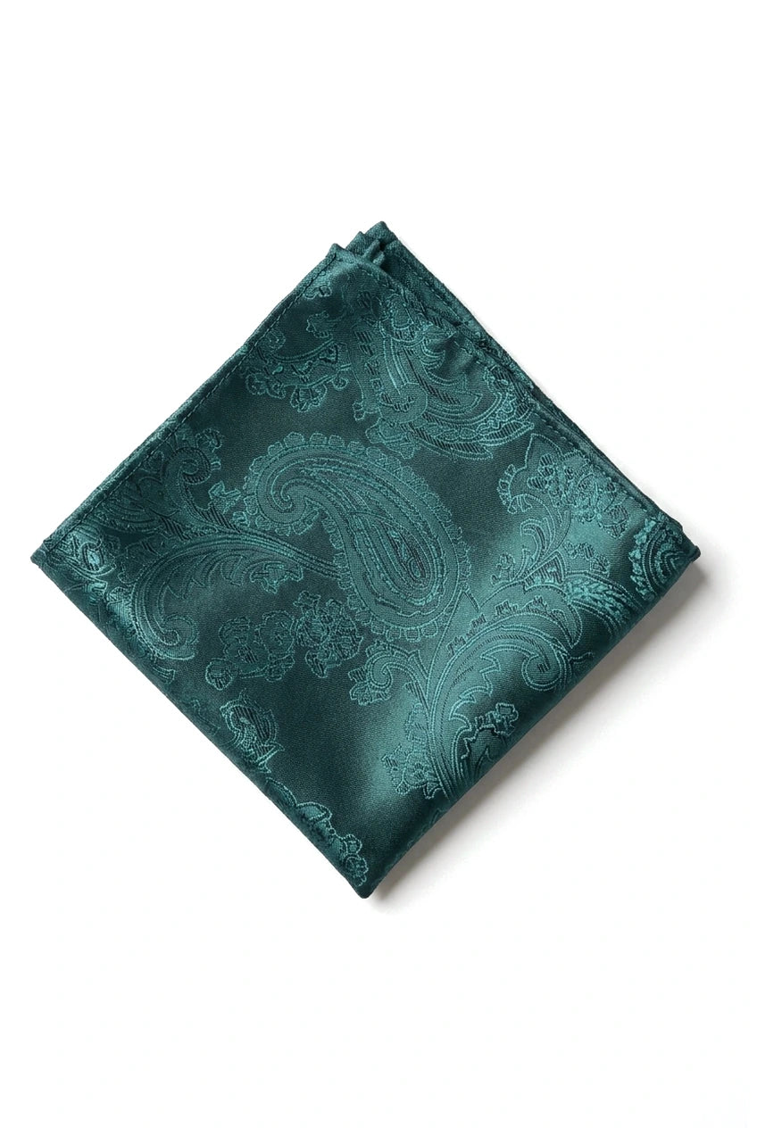 Conjunto de regalo de corbata verde con estampado paisley, pañuelo de bolsillo y gemelos de satén floral.