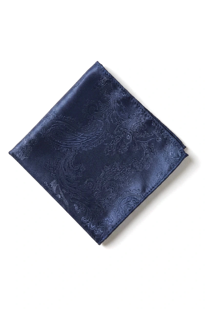 Conjunto de regalo de corbata azul marino con estampado paisley, pañuelo de bolsillo, gemelos y corbata de satén floral.