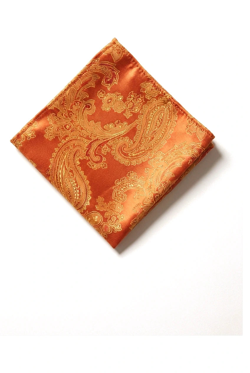 Conjunto de regalo de corbata naranja con estampado paisley, pañuelo de bolsillo, gemelos y corbata de satén floral.