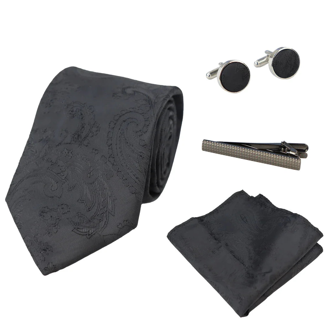 Conjunto de regalo de corbata negra con cuello estampado paisley, pañuelo de bolsillo y gemelos de satén floral.