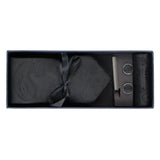 Conjunto de regalo de corbata negra con cuello estampado paisley, pañuelo de bolsillo y gemelos de satén floral.