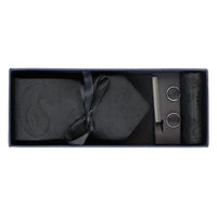 Conjunto de regalo de corbata negra con cuello estampado paisley, pañuelo de bolsillo y gemelos de satén floral.