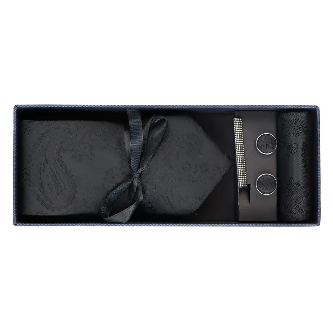 Conjunto de regalo de corbata negra con cuello estampado paisley, pañuelo de bolsillo y gemelos de satén floral.