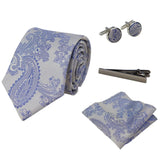 Conjunto de regalo: corbata azul con estampado paisley, pañuelo de bolsillo, gemelos y satén floral.