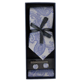 Conjunto de regalo: corbata azul con estampado paisley, pañuelo de bolsillo, gemelos y satén floral.