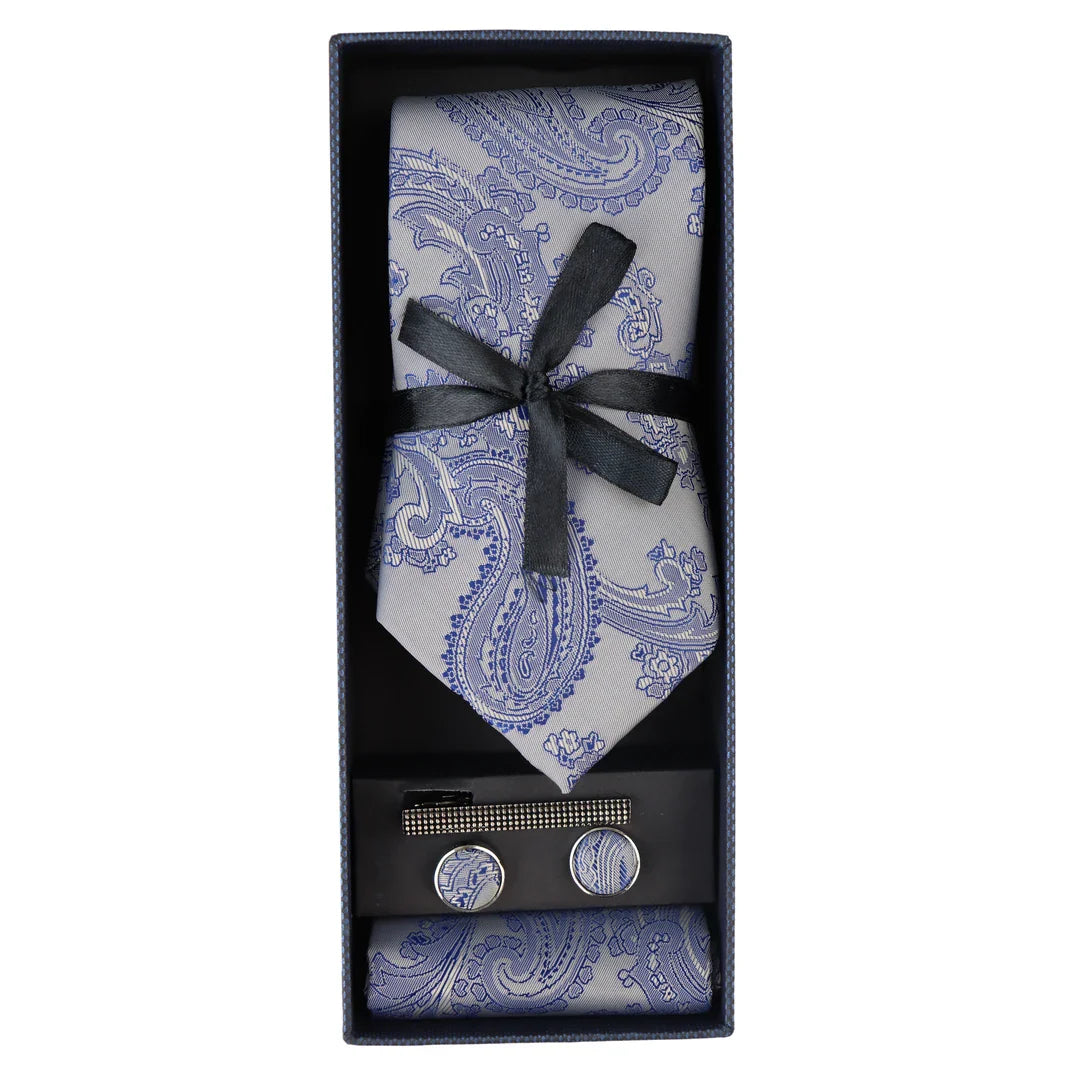 Conjunto de regalo: corbata azul con estampado paisley, pañuelo de bolsillo, gemelos y satén floral.