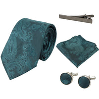 Conjunto de regalo de corbata verde con estampado paisley, pañuelo de bolsillo y gemelos de satén floral.