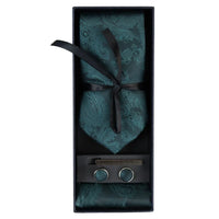 Conjunto de regalo de corbata verde con estampado paisley, pañuelo de bolsillo y gemelos de satén floral.