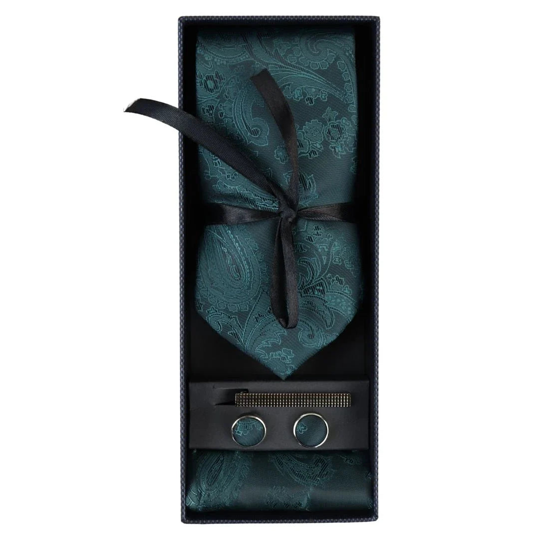 Conjunto de regalo de corbata verde con estampado paisley, pañuelo de bolsillo y gemelos de satén floral.