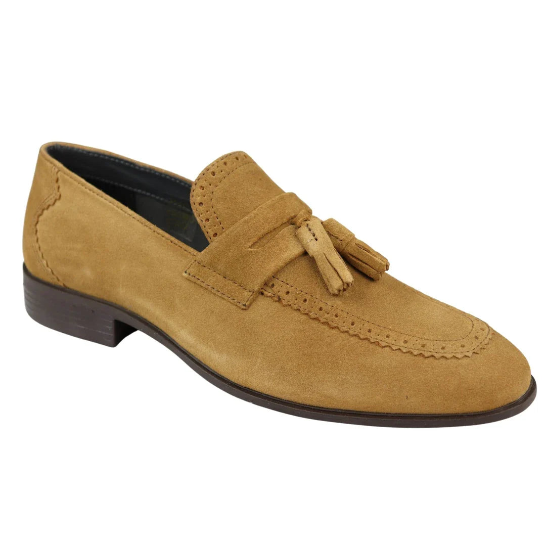 Zapatos mocasines para hombre color tostado con borlas, de gamuza auténtica, elegantes, informales, para conducir, clásicos.