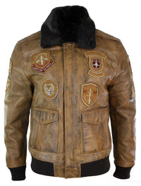 Chaqueta bomber de aviador para hombre, color marrón claro vintage, con cuello de piel negra extraíble.