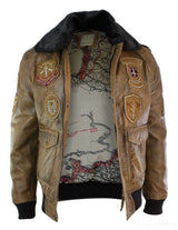Chaqueta bomber de aviador para hombre, color marrón claro vintage, con cuello de piel negra extraíble.