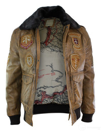Chaqueta bomber de aviador para hombre, color marrón claro vintage, con cuello de piel negra extraíble.