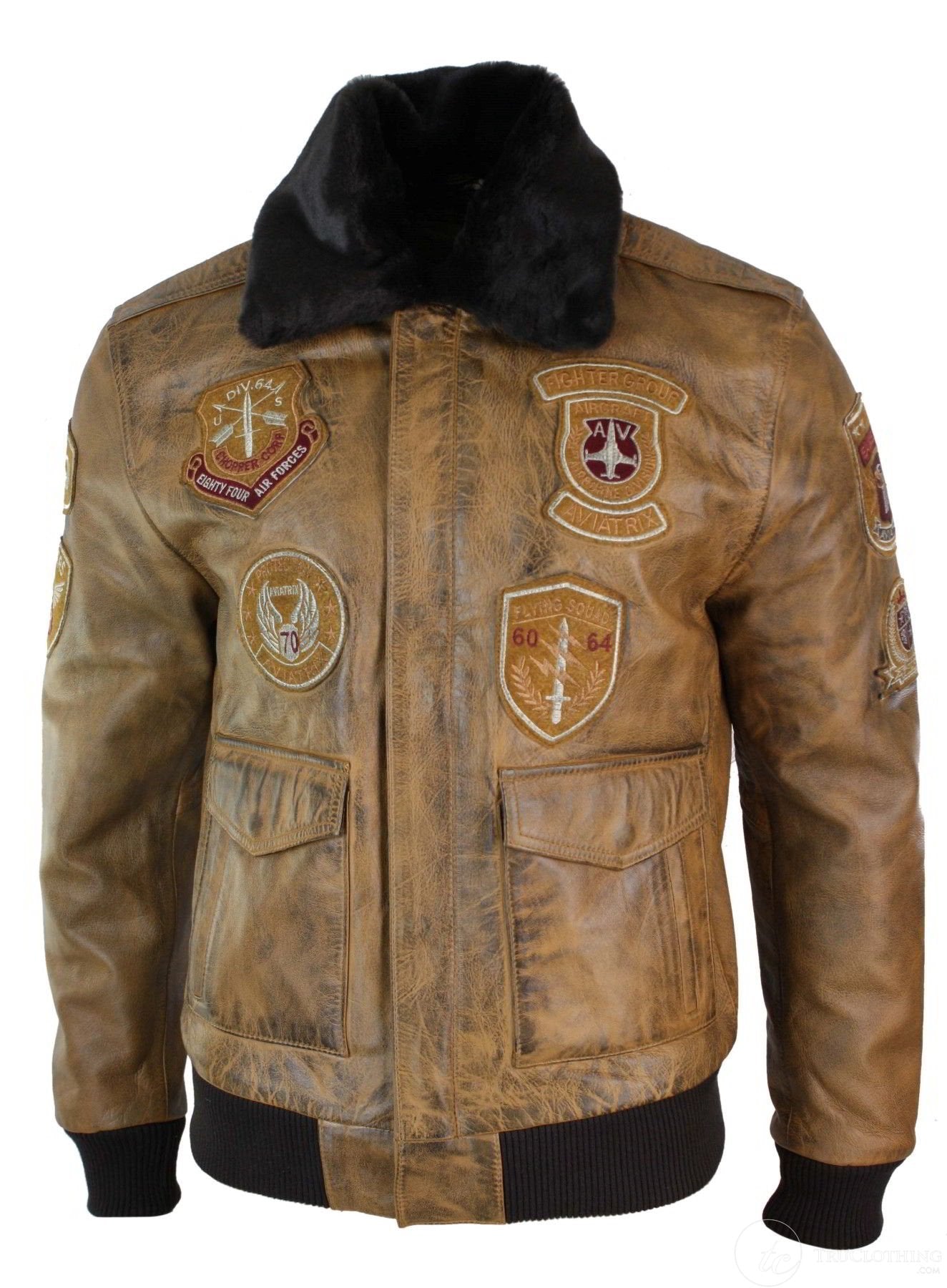 Chaqueta bomber de aviador para hombre, color marrón claro vintage, con cuello de piel negra extraíble.