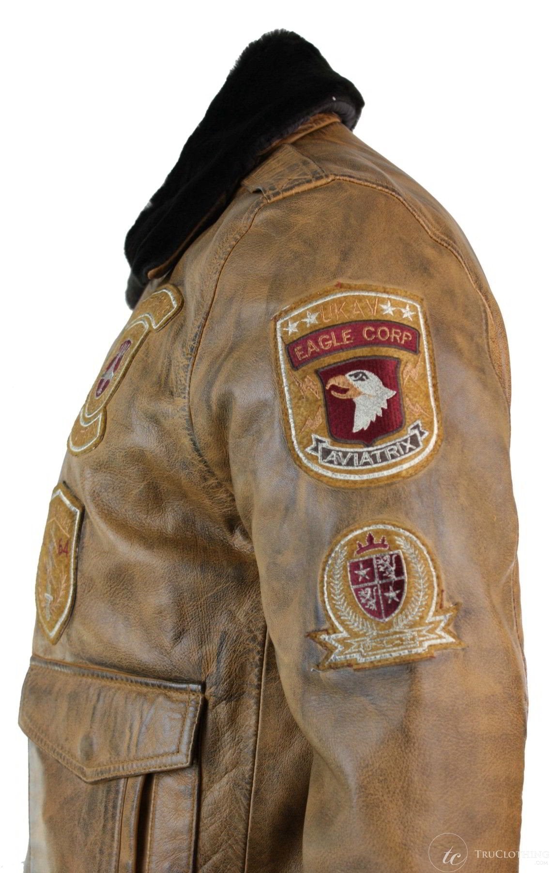 Chaqueta bomber de aviador para hombre, color marrón claro vintage, con cuello de piel negra extraíble.
