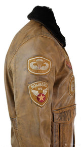 Chaqueta bomber de aviador para hombre, color marrón claro vintage, con cuello de piel negra extraíble.