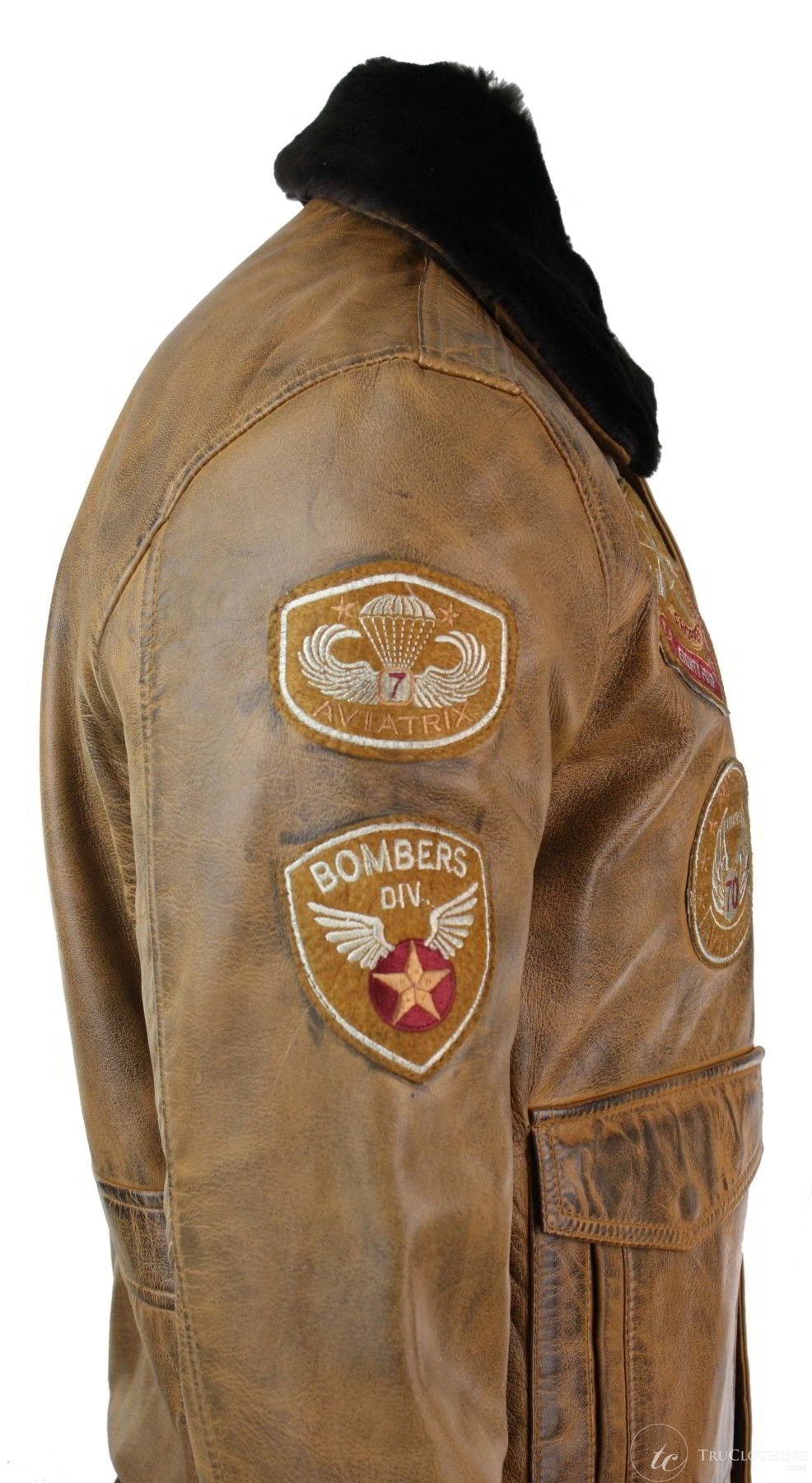 Chaqueta bomber de aviador para hombre, color marrón claro vintage, con cuello de piel negra extraíble.