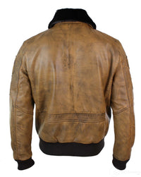 Chaqueta bomber de aviador para hombre, color marrón claro vintage, con cuello de piel negra extraíble.