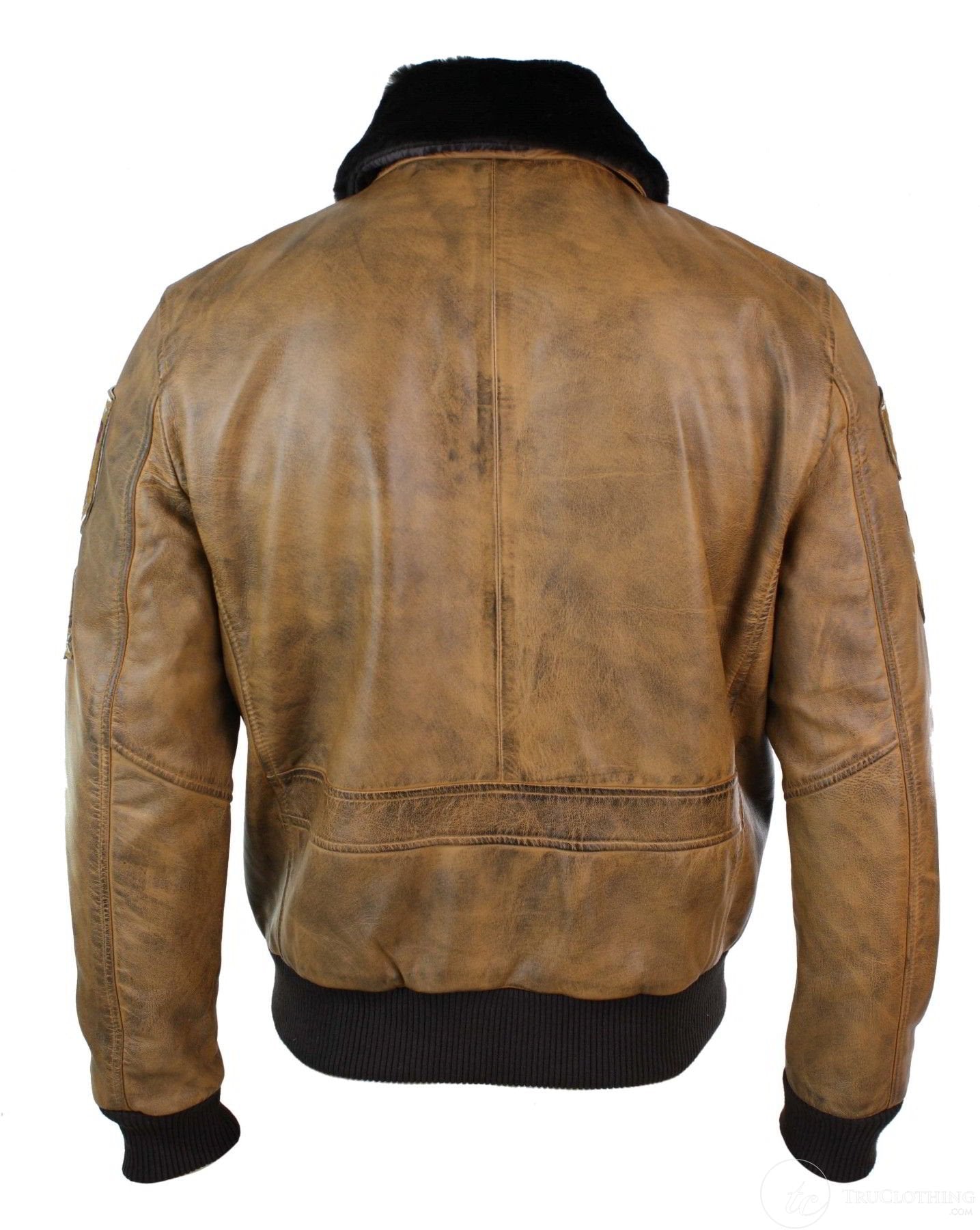 Chaqueta bomber de aviador para hombre, color marrón claro vintage, con cuello de piel negra extraíble.