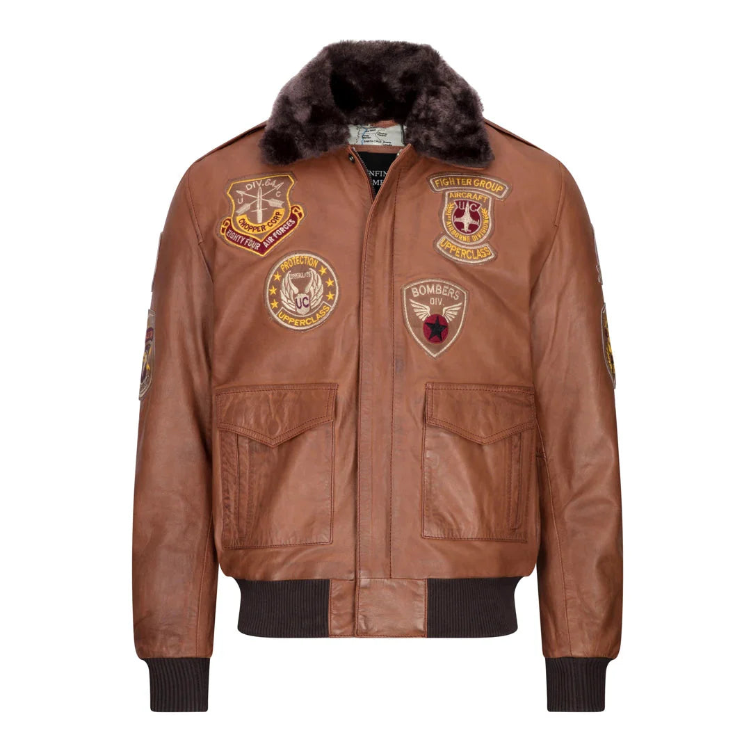 Chaqueta bomber de aviador para hombre con cuello de piel negro extraíble.