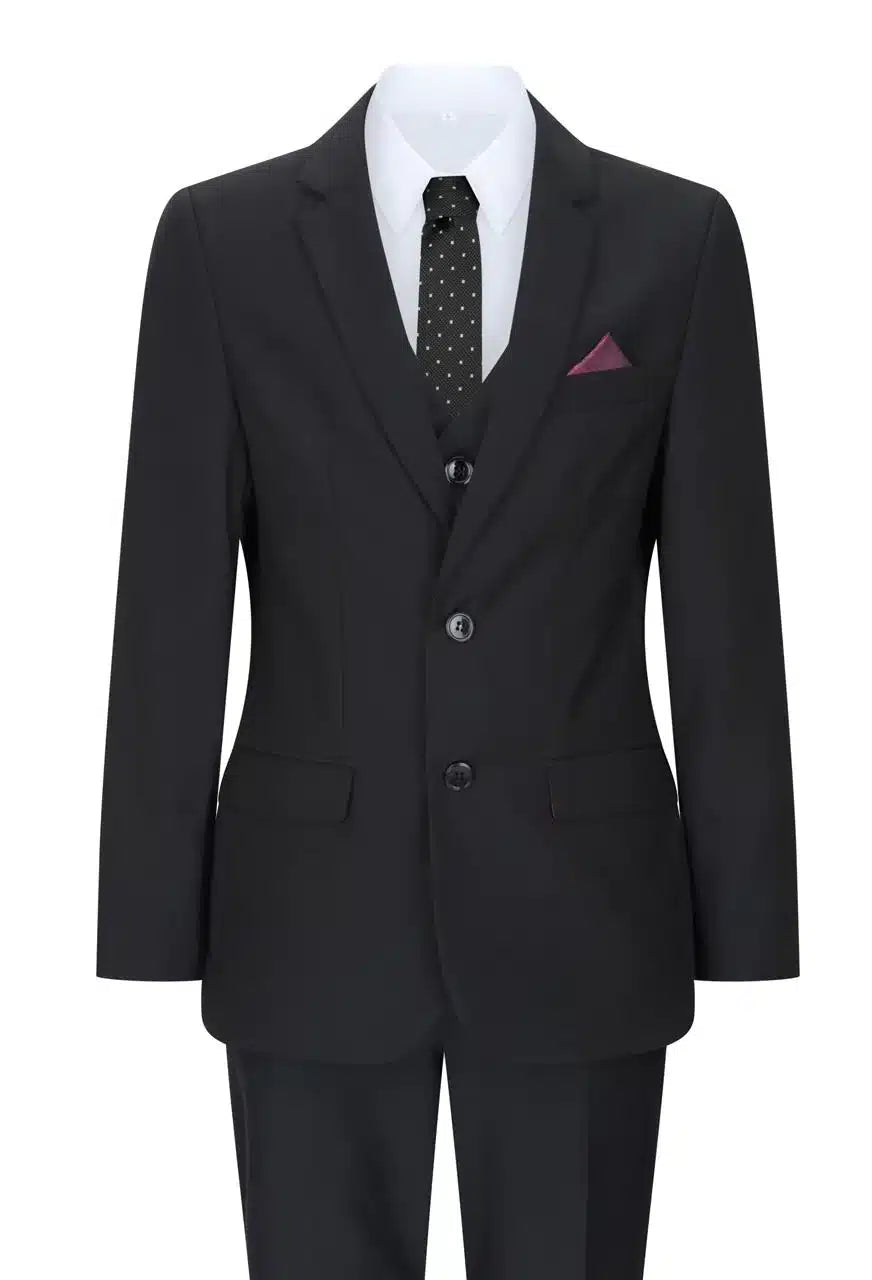 Traje completo de 3 piezas negro para niño, corte entallado, clásico para bodas, lutos y funerales.