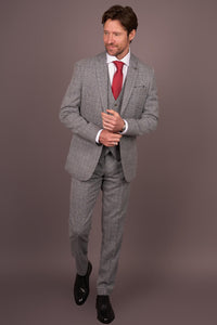 Traje de tres piezas para hombre, gris, clásico a cuadros, corte ajustado.