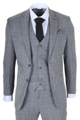 Traje gris a cuadros con camisa blanca, corbata negra y pañuelo de bolsillo sobre fondo blanco.