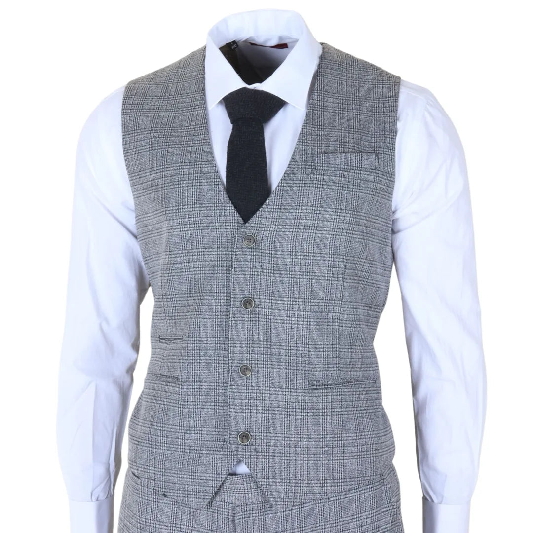 Traje de tres piezas para hombre, gris, clásico a cuadros, corte ajustado.