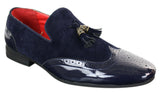 Zapatos de conducir sin cordones con borlas para hombre Patron 239-10, mocasines de piel sintética negra brillante con charol y gamuza sintética.
