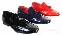 Zapatos de conducir sin cordones con borlas para hombre Patron 239-10, mocasines de piel sintética negra brillante con charol y gamuza sintética.
