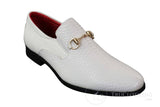Patrón 80058 - Zapatos de hombre blancos y negros de charol brillante, sin cordones, de piel sintética con estampado de serpiente y cocodrilo, con hebilla dorada.