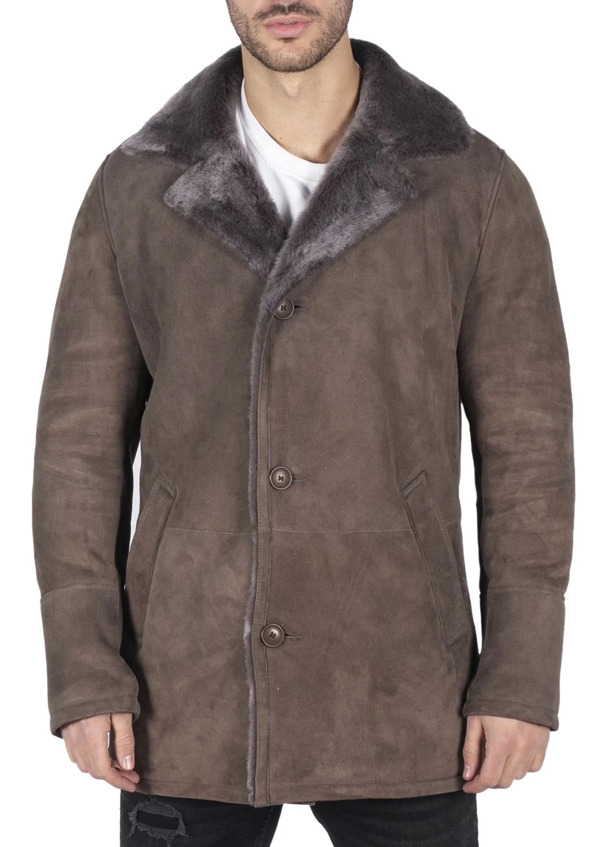 Abrigo de hombre de piel de oveja auténtica, color beige, estilo vintage clásico, estilo 3/4, con botones y cuello en V.