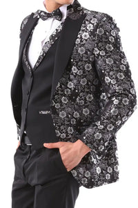 Traje de esmoquin de hombre negro y plateado con estampado paisley, 3 piezas, para bodas, graduaciones y fiestas. Ideal para novios.