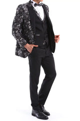 Traje de esmoquin de hombre negro y plateado con estampado paisley, 3 piezas, para bodas, graduaciones y fiestas. Ideal para novios.