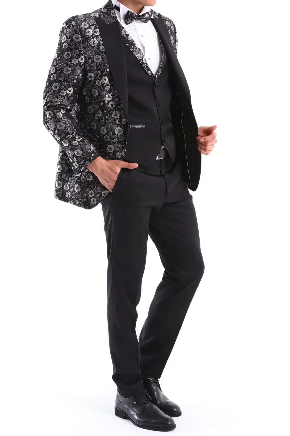 Traje de esmoquin de hombre negro y plateado con estampado paisley, 3 piezas, para bodas, graduaciones y fiestas. Ideal para novios.