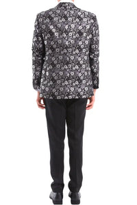 Traje de esmoquin de hombre negro y plateado con estampado paisley, 3 piezas, para bodas, graduaciones y fiestas. Ideal para novios.