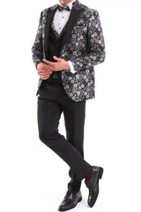 Traje de esmoquin de hombre negro y plateado con estampado paisley, 3 piezas, para bodas, graduaciones y fiestas. Ideal para novios.
