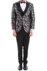 Traje de esmoquin de hombre negro y plateado con estampado paisley, 3 piezas, para bodas, graduaciones y fiestas. Ideal para novios.