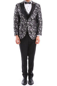 Traje de esmoquin de hombre negro y plateado con estampado paisley, 3 piezas, para bodas, graduaciones y fiestas. Ideal para novios.