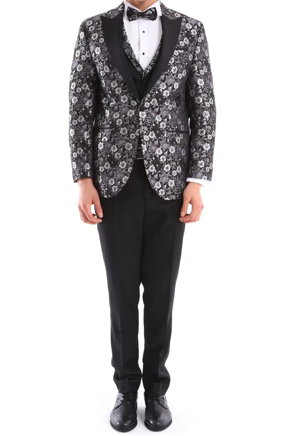 Traje de esmoquin de hombre negro y plateado con estampado paisley, 3 piezas, para bodas, graduaciones y fiestas. Ideal para novios.