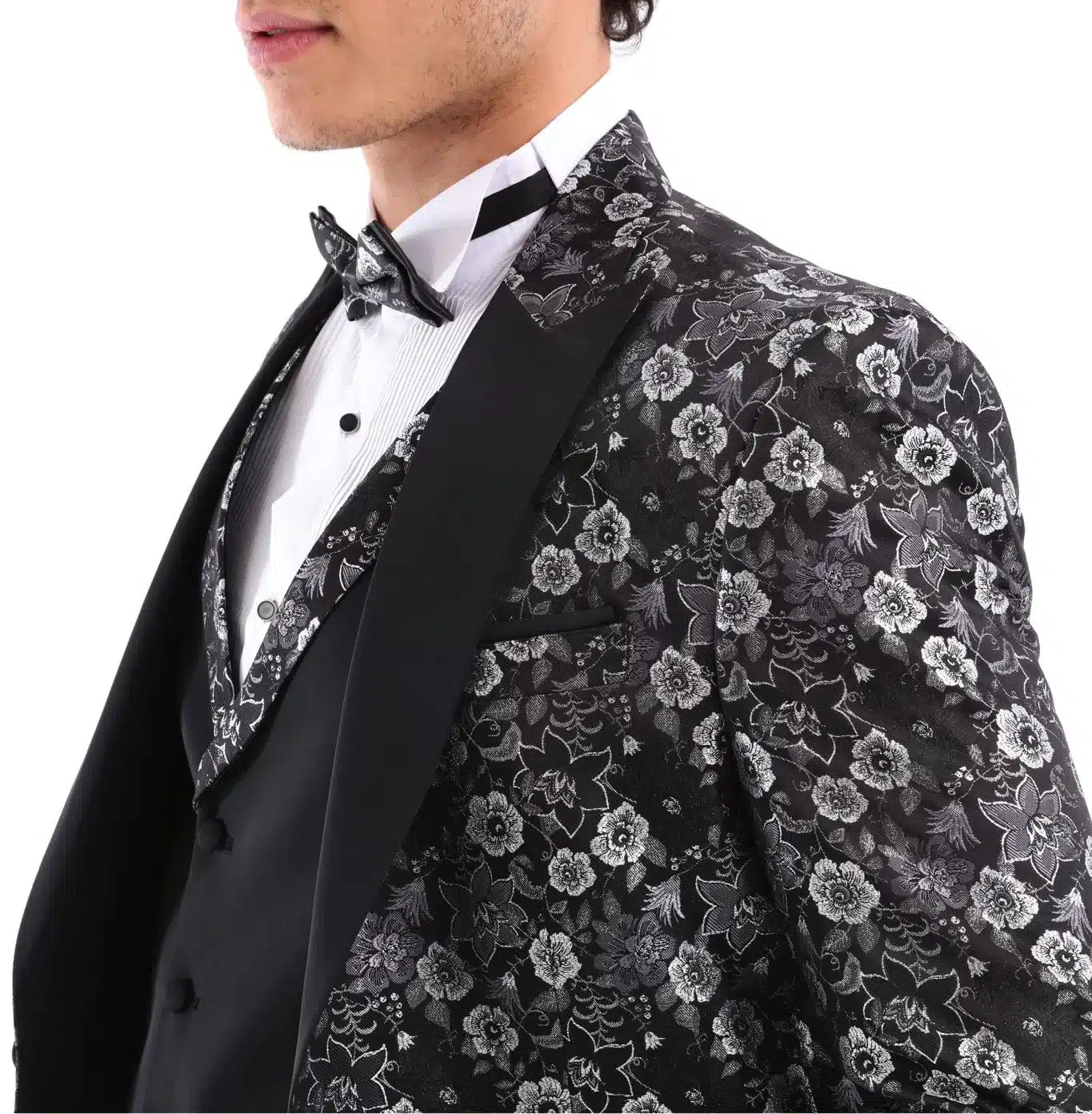 Traje de esmoquin de hombre negro y plateado con estampado paisley, 3 piezas, para bodas, graduaciones y fiestas. Ideal para novios.