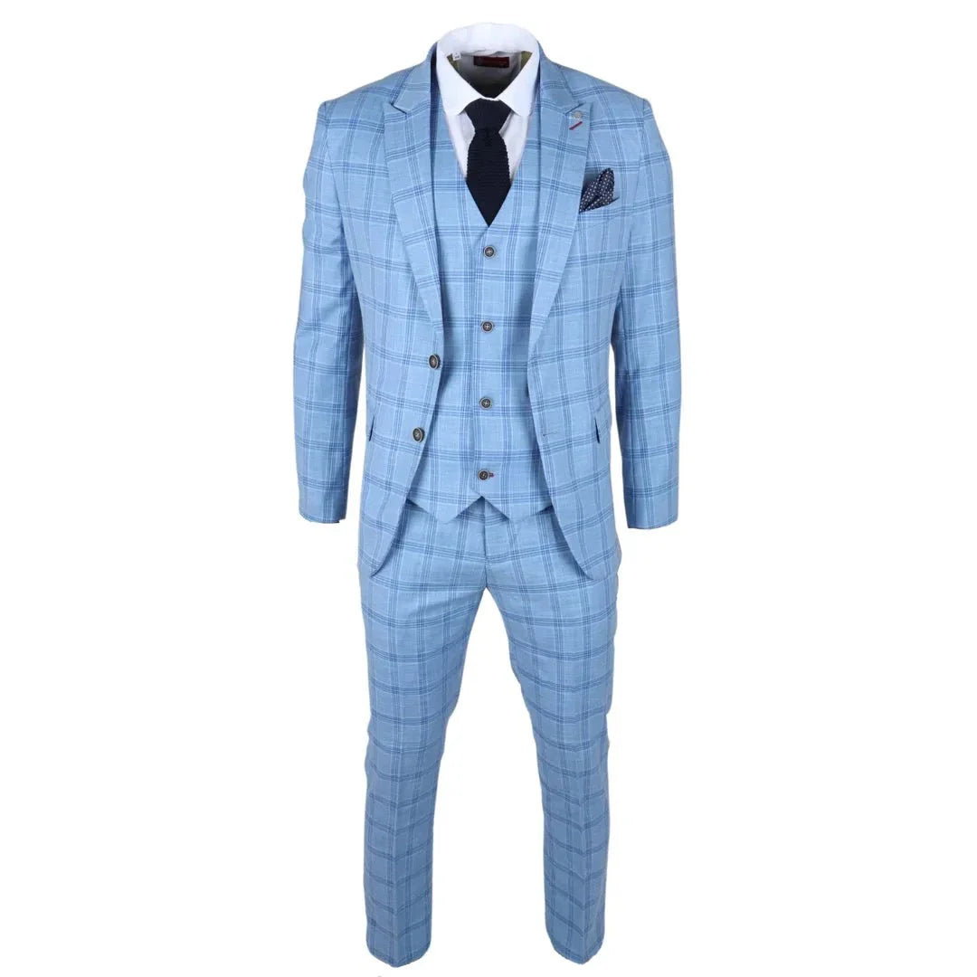 Traje de tres piezas a cuadros azul claro para hombre de Plowman