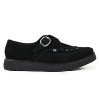Zapatos de plataforma con hebilla Monk y punta puntiaguda estilo creeper en ante negro.