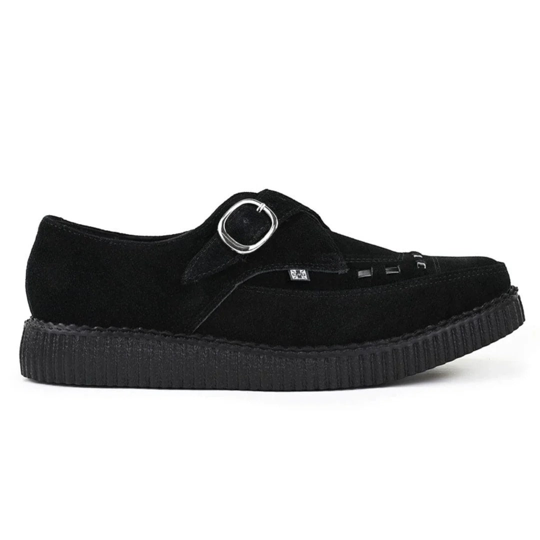 Zapatos de plataforma con hebilla Monk y punta puntiaguda estilo creeper en ante negro.
