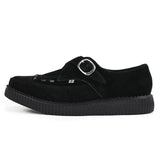 Zapatos de plataforma con hebilla Monk y punta puntiaguda estilo creeper en ante negro.