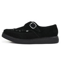Zapatos de plataforma con hebilla Monk y punta puntiaguda estilo creeper en ante negro.