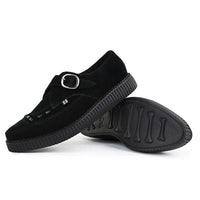 Zapatos de plataforma con hebilla Monk y punta puntiaguda estilo creeper en ante negro.